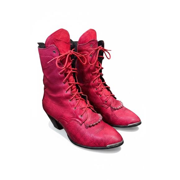American Vintage Shoes - Vintage Witchy Red Leather Lace-Up Kiltie Roper Boots – Western Cowgirl Style 8